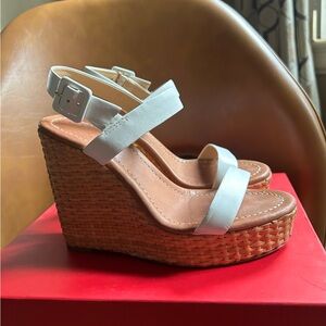 White and Tan Wedge Sandals with High Heel and Platform